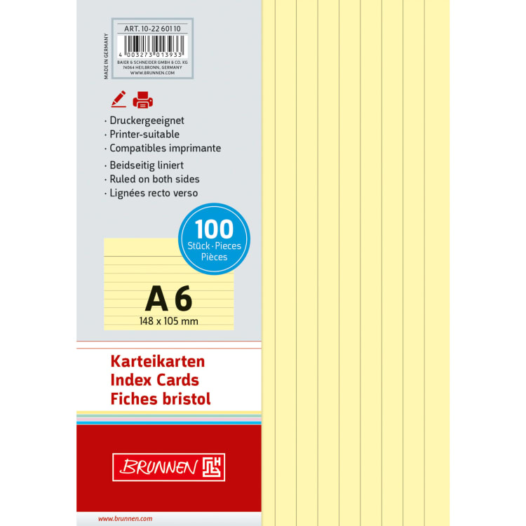 Brunnen index card A6 ruled 100 pieces yellow