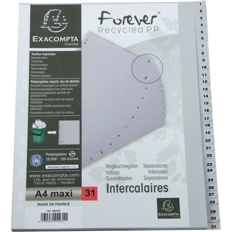 Exacompta index divider set A4+ 1-31 part PP grey