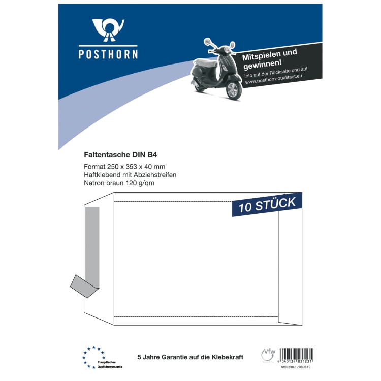 Posthorn gusset envelope B4/40F 120 g without window peel & seal 10 pieces brown
