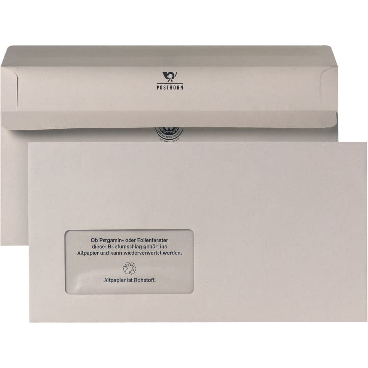 Posthorn envelope 125x235 mm with window self-adhesive recycled 1,000 pieces grey