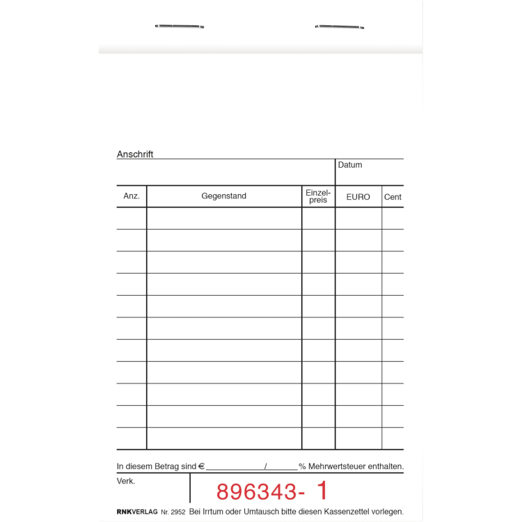 RNK cash receipt pad 15x10 cm stapled at top 50x2 sheets