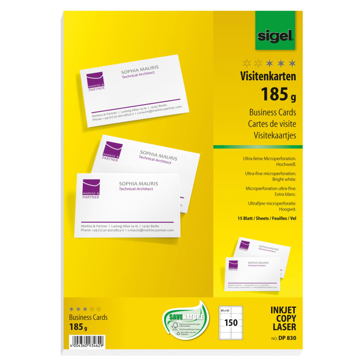 Sigel business card A4 85x55 mm 185 g 150 pieces white