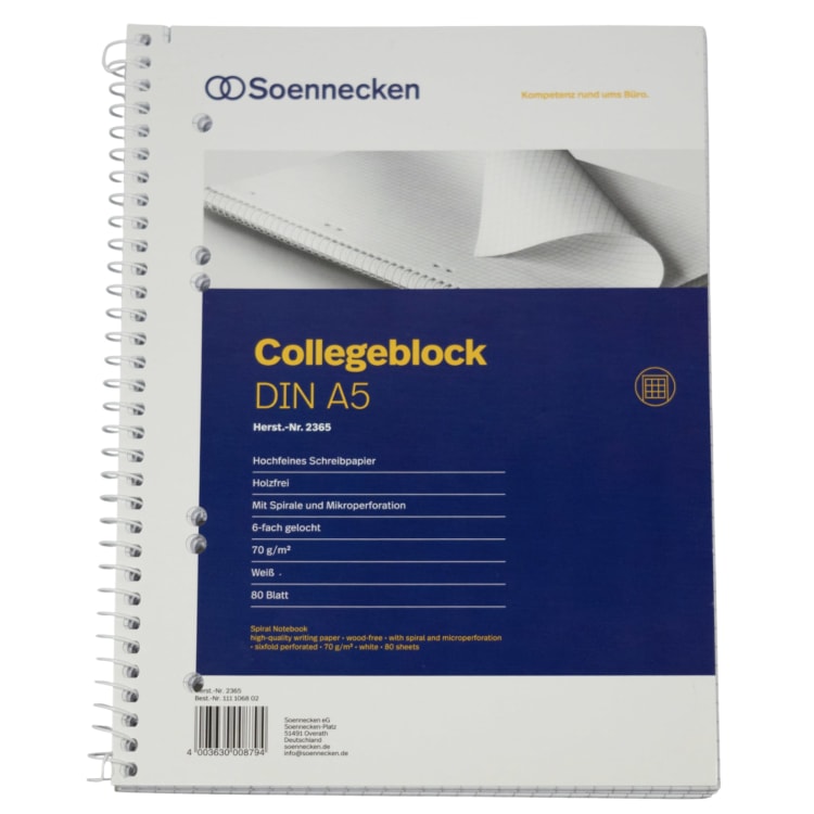 Soennecken notepad A5 punched squared 80 sheets