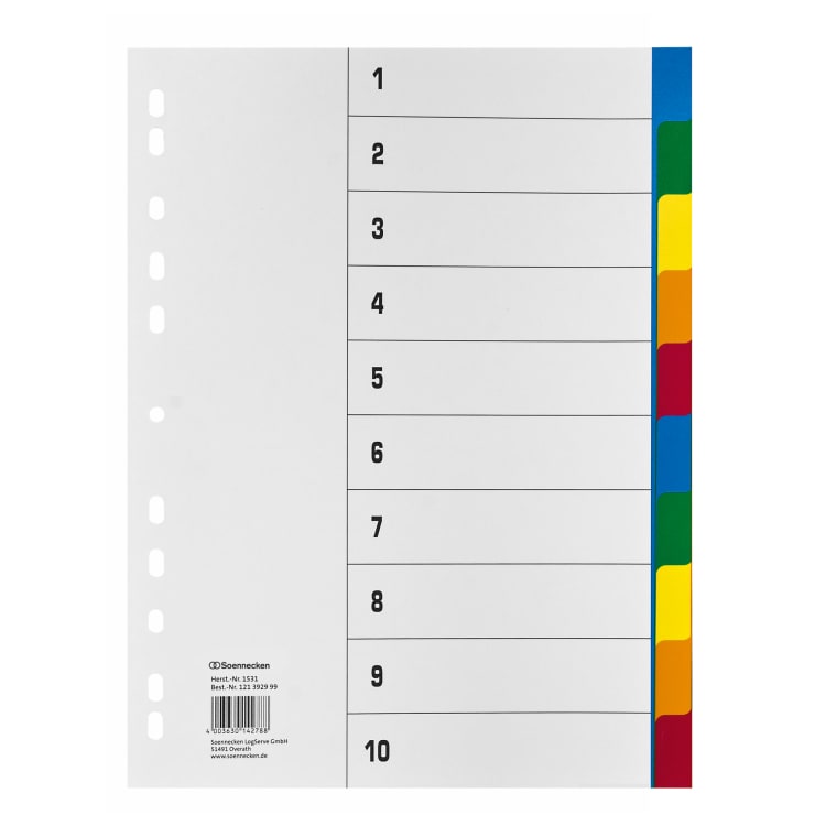 Soennecken index divider set A4 blank full height 10-part PP coloured