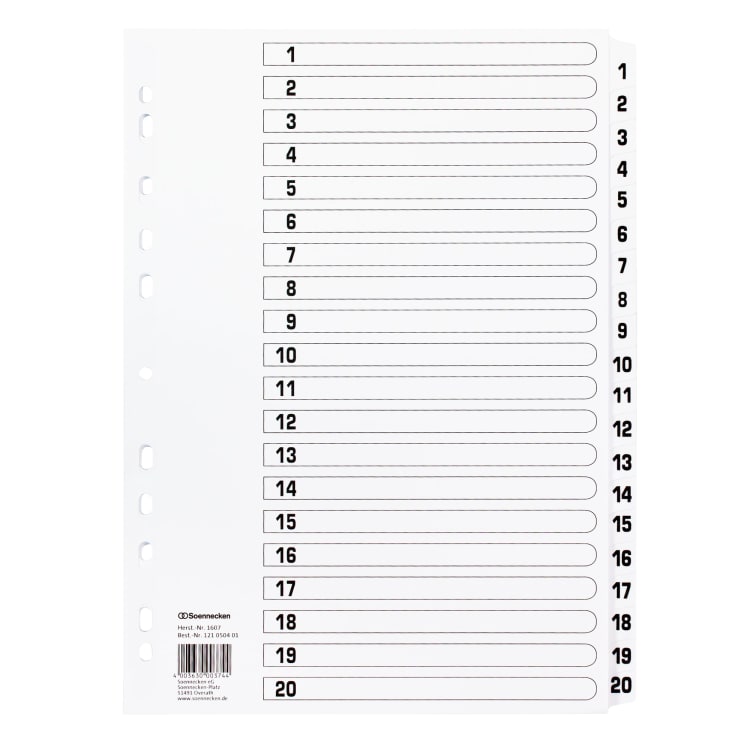 Soennecken index divider set Mylar 1-20 white