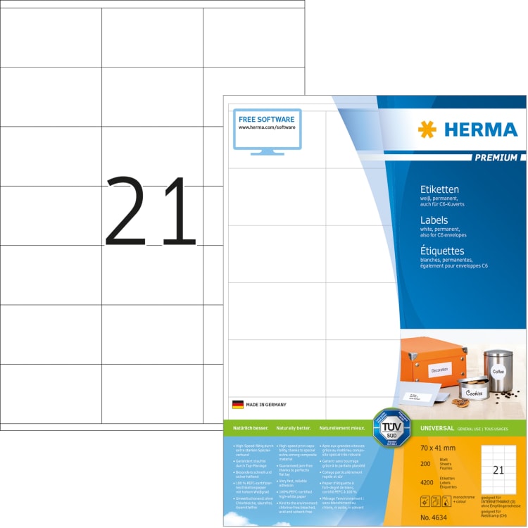 Herma label PREMIUM 70x41 mm matt 4,200 pieces white