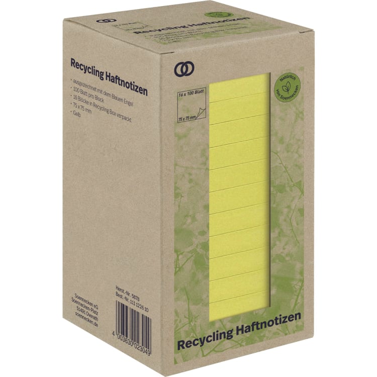 Soennecken oeco recycled sticky notes 75x75 mm 100 sheets 16 pieces yellow