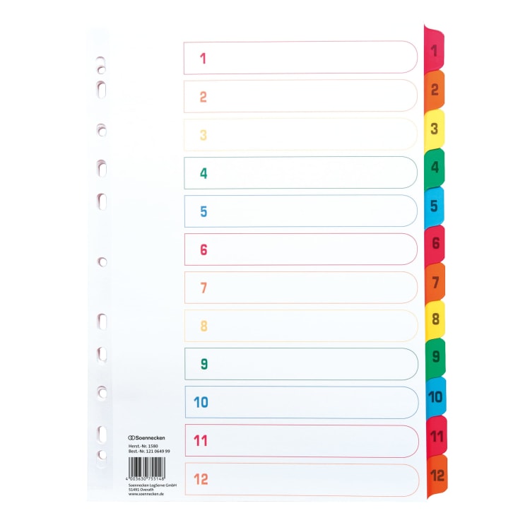 Soennecken index divider set A4 1-12 full height cardboard coloured