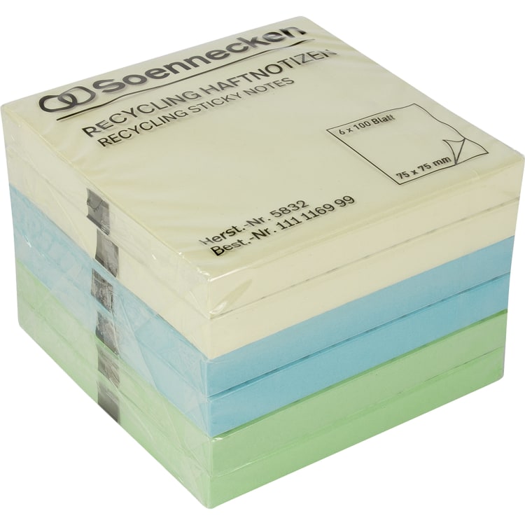 Soennecken oeco recycled sticky notes 75x75 mm 100 sheets 6 pieces assorted