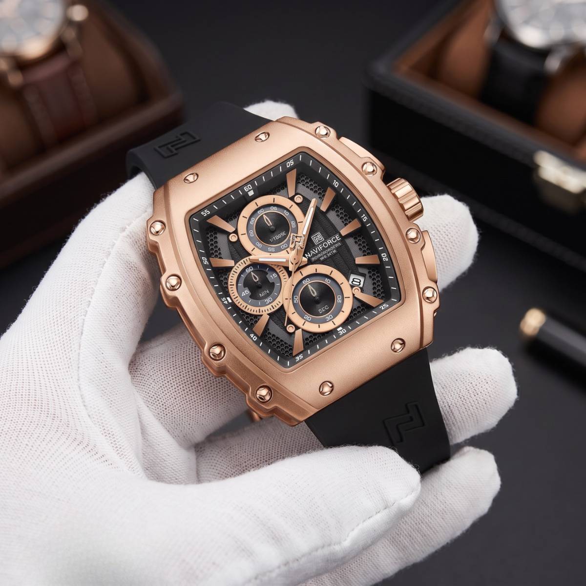 Naviforce Tonneau Chronograph Rose Gold