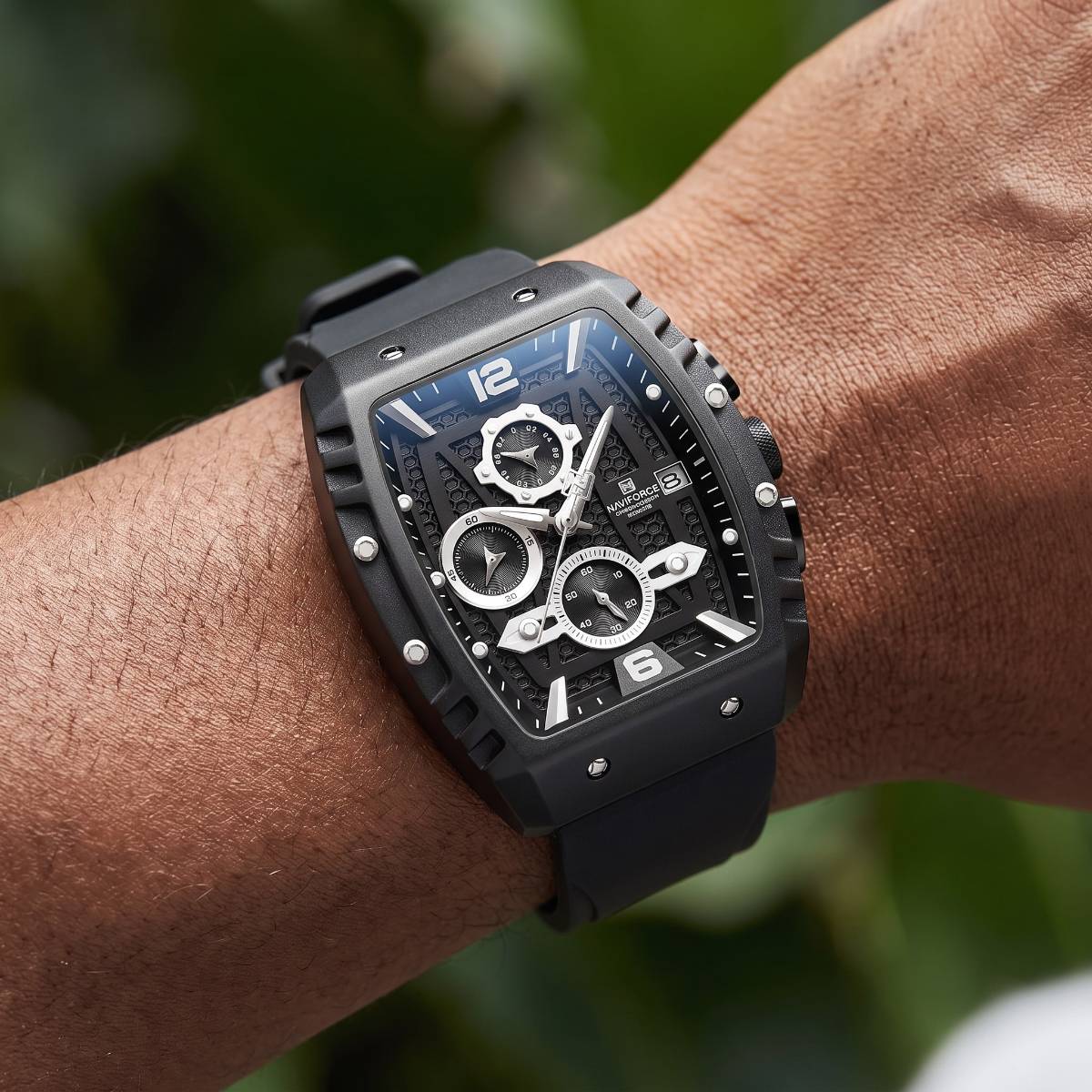 Naviforce Tonneau Chronograph Watch full black view 2