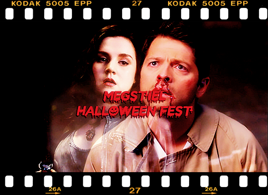 Meg and Castiel from Supernatural. She just saved him from another angel and they're staring at each other; he's on his knees with blood on his face and she standing in front of him with a bloodied angel blade.