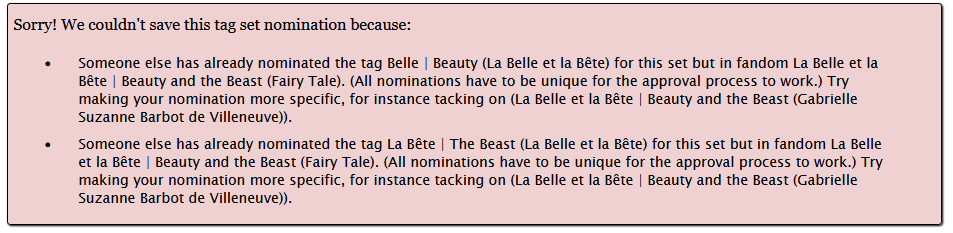 error message that tells me another user has nominated BATB Fairy Tale so I should be more specific and say La Belle et la Bête Beauty and the Beast Gabrielle-Suzanne Barbot de Villeneuve