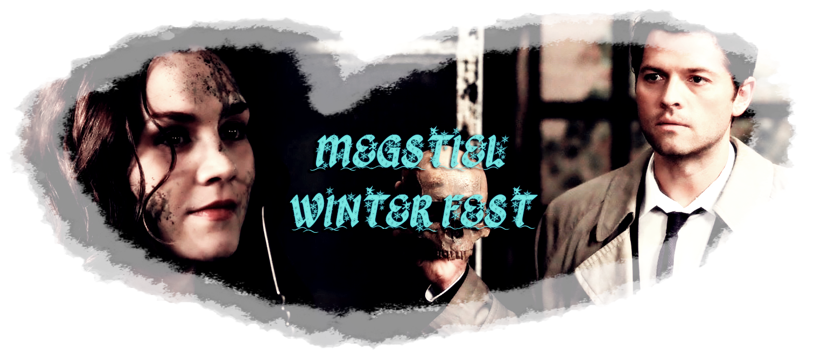 screenshot from Supernatural. It blends Meg with dark blood on her face and a knife pointed at her, with Castiel holding a skull. It includes the title “Megstiel Winter Fest” in light blue winter-themed letters with snowflakes, and large white borders almost shaped like a heart around them. Click for better quality and full size