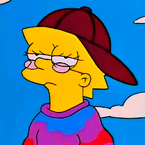 Lisa simpson dressed in a multicoloured baggy shirt, with a sideways cap and sunglasses, and a disaffected look on her face.