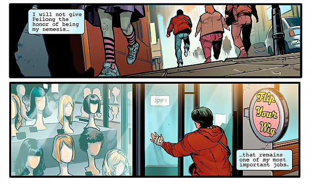 Images from The Invincible Iron Man Volume 5 Issue 9. Tony walks down the street with an arm on a sling and a bandage on the other hand, eventually entering a wig store called "Flip Your Wig". His inner monologue says: "I will not give Feilong the honor of being my nemesis... that remains one of MY most important jobs."