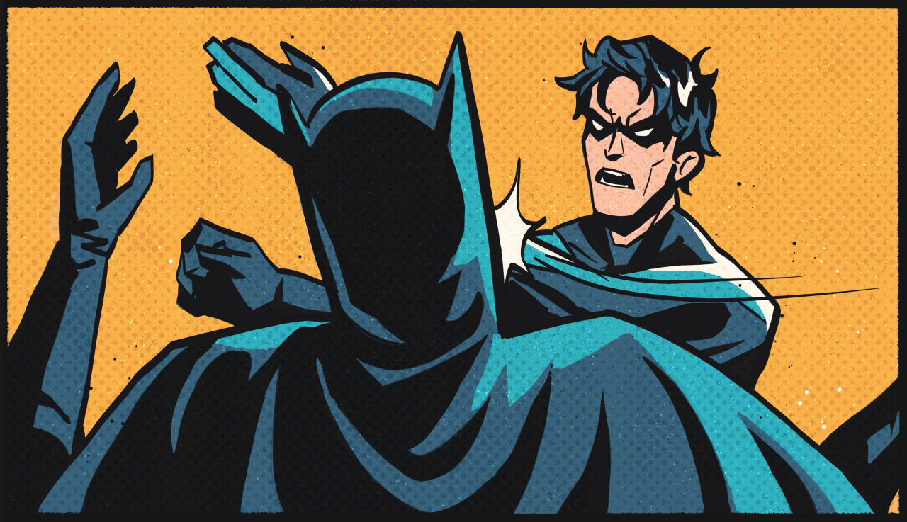 Drawing of Nightwing slapping Batman.