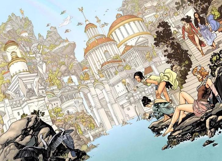 comic panel of Themyscira, showing the city on the background and several amazons relaxing by the waters at the front.