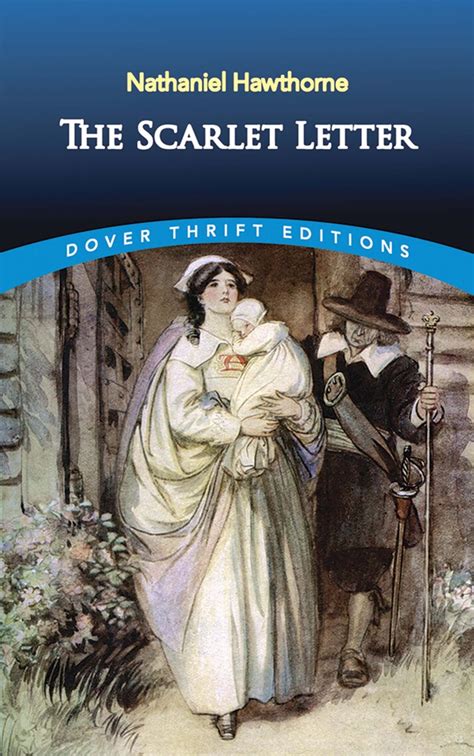 book cover of The Scarlet Letter, showing the moment Hester walks out of her prsion holding her baby, with the A on her chest.