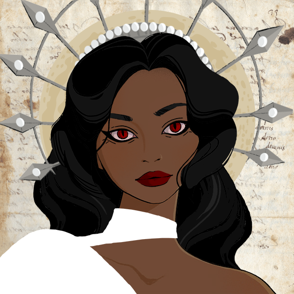 Picrew of a black woman with ashen skin and a youthful appearance. She has red eyes and painted red lips, and her hair is black, long, in relaxed waves. She's wearing white, and she has a silver sun crown adoring her head, as well as a light golden moon behind it, and a paper with faded writing in the background.
