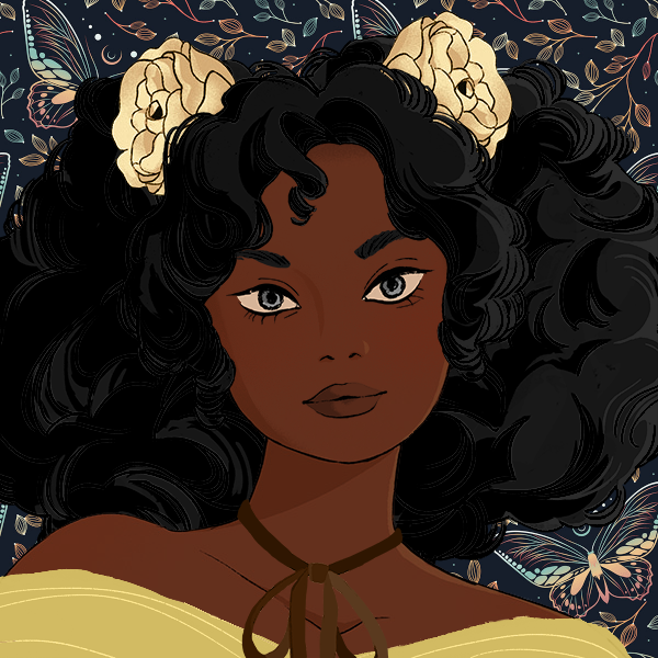 Picrew of a young, dark skinned, curvy black woman with grey eyes. She has thick, volouminous, curly black hair adored with two light yellow roses, and wears a soft yellow that shows off her shoulders, and an ocre relaxed ribbon as a necklace.
