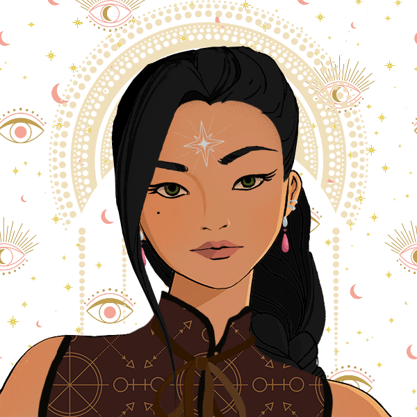 Picrew of a young asian woman, with light skin, green eyes, and a beauty mark under the right eye. She has black hair, braided down, and a white start on her forehead. She's wearing a sleeveless, high top with geometrical folms in ocre over maroon colour, and has pink and silver earrings. Her background is light, with drawings of eyes, moons, and stars.