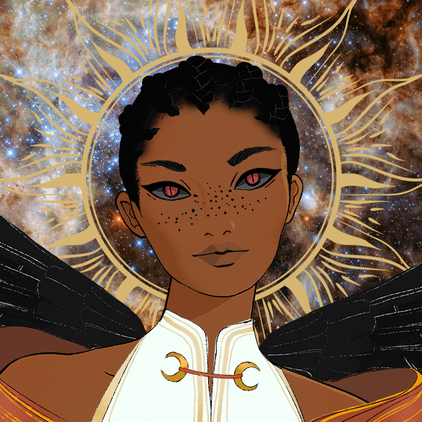 Picrew of a light brown skinned young woman, with dark frekless over her nose and cheeks, red eyes with black scleara, and short black hair braided close to the scalp. She's wearing a white and golden outfit that leaves her shoulders uncovered, and has black wings. Her background shows the silouette of a sun framing her head, over a celestial sky.