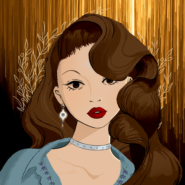Picrew of a pale white woman with big, dark brown eyes and plump limps painted red. She has long, styled, voluminous brown hair. She's wearing an open, long sleeved light blue shirt with small purple flowers in the colar, a light silver chocker, and earrings with a drawn grey eye. Her background is in sliding golden and dark brown, with the golden sillouete of a crown of laurel framing her head.