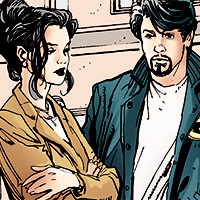 Nightwing/Huntress issue 4. Helena is in a brown blazer with her hair up in a relaxed bun, hugging herself with her arms. Dick stands next to her, in civilian blothes and with a fake beard.