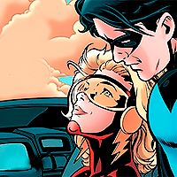 Titans issue 11. Jesse Quick looks up at Nightwing, enthanced, while she sits in the Titans' plane.