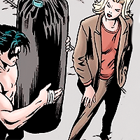 Titans issue 12. Jesse, visibly upset and a bit angry, approaches Nightwing. She's in civilian clothes, he's shirtless but with a mask, training against a punching bag.