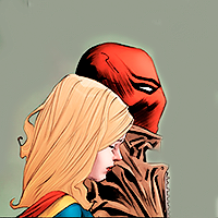 Batman/Superman Annual issue 1. Supergirl and Red Hood standing side by side, with their profiles on display. Kara is looking down, with her eyes closed.