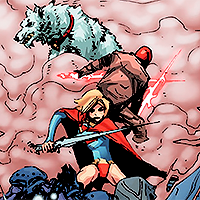 Batman/Superman Annual issue 1. Kara and Jason, fighting back to back with their swords (hers given by Diana, his made by fire), with Krypto in the background.