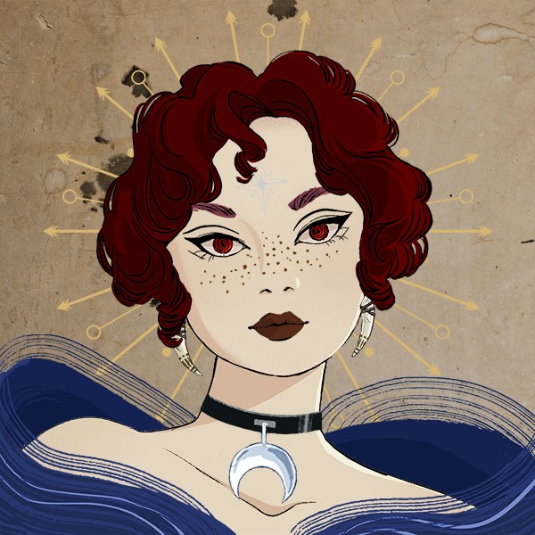 Picrew of a pale young white woman with freckles over her cheeks and the bridge of her knows. She has red eyes in spiral shape, and very dark red, short curly hair falling over her forehead and ears, around her face. Her lips are painted dark red, and she wears two fangs as earrings and a white half moon as necklace, as well as a blue dress that shows off her shoulders. Her background is an old ocre paper, and her head is framed by the shape of golden arrows coming out of it in a circle.