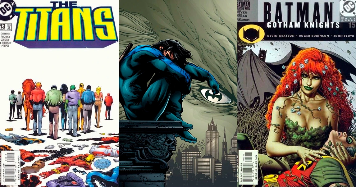 The Titans vol. 1 (issue 13. They're all walking away, in a white background, with their hero suits dumped on the floor behind them. The group includes Starfire, Roy, Dick, Donna, Gar, Victor, Garth, Jesse Quick, Wally, Antonia Monetti and Grant Emerson). Nightwing (vol 12 issue 93, without letters. Dick sits, dressed at Nightwing, at the edge of a rooftop. He's huggin his knees and hiding his face, and he has a batarang on his hand that, thanks to the baground, standing over a white circle, looks like a bat signal or a judging, observing eye). Batman Gotham Knights issue 15 (Poison Ivy has Tim trapped with vines on her arms, looking sideways with a smirk, at Batman standing behind her).)