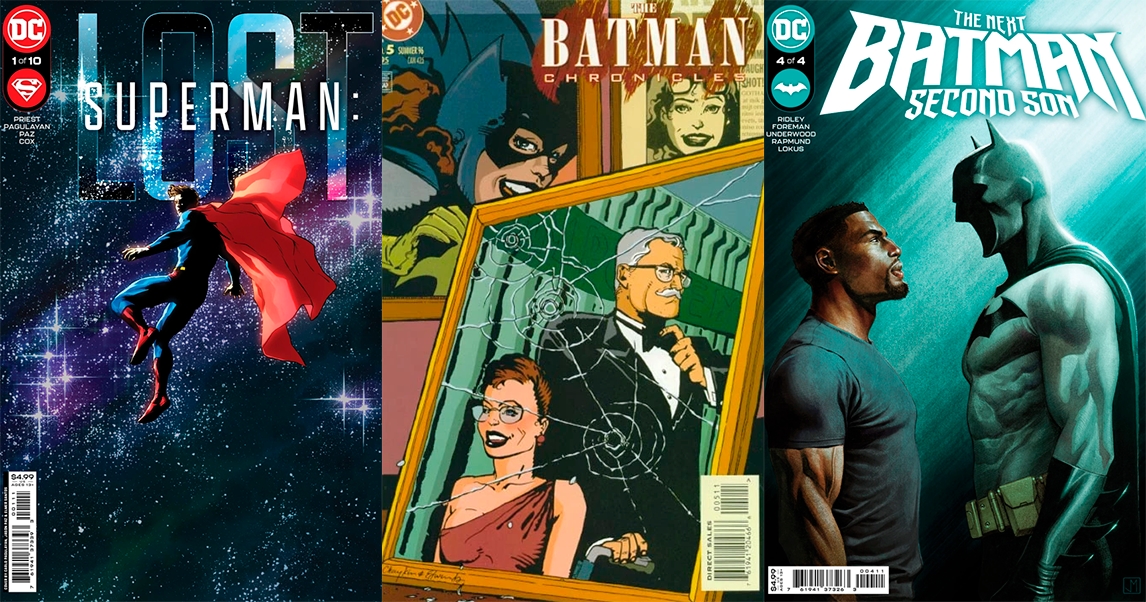 Superman: Lost (issue 1, Clark floating in space, looking over his shoulder). Oracle: Year One (The Batman Chronicles issue 5. Various pictures of Barbara Gordon: smiling as Batgirl and a newspaper cut talking about her shooting at the background, and one of her in a wheelchair with her father behind, in a gala, with the glass broken). The Next Batman: Second Son (issue 4; Jace Fox looks up at an empty Batman costume).