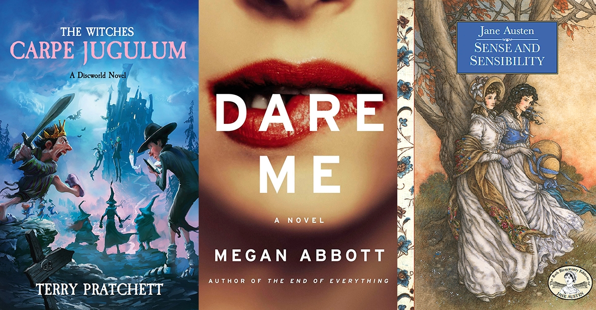 Three book covers: -Carpe Jugulum by Terry Pratchett (Mightily Oats reading a book and Verenice with a sword next to some Nac Mac Feegles fighting alongside him, at the front; and Agnes, Granny and Nanny in a fighting stand up front, against some floating vampires). -Dare Me by Megan Abbott (close-up to a girl biting her lip, painted red). -Sense and Sensibility by Jane Austen (drawing of two young women in period clothes standing in front of a tree, with patterns of flowers drawn on the spine).