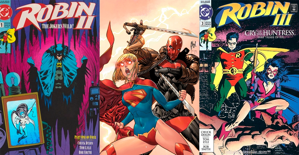 Three comic covers. -Robin II: The Joker's Wild!. Batman looms in the Batcave, snarling with his fists raised. At the front there's a framed picture of Robin. -Text-less cover of Supergirl volume 6 issue 35. Kara is at the front in a fighting stand, with her eyes shining red, and Red Hood fights alongside her with two swords. -Robin III: Cry of the Huntress. Robin stands on a Gargoyle with a high on his hip, frowning, and Huntress is a little ahead of him, with a crossbow pointing up.