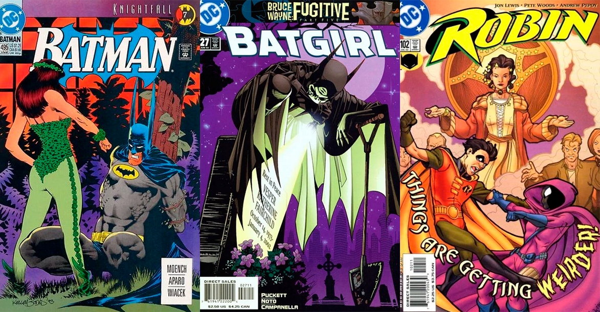 Three comic covers. -An issue of Batman from the Knightfall arc. Batman is tied up to a tree by some vines, and Poison Ivy looms threateningly in front of him while he struggles against them. -An issue of Batgirl from the Bruce Wayne: Murderer?/Fugitive arc. Batgirl is crouching on top a gravestone, leaning her arm on the handle of a shovel and pointing at the gravestone with a lantern. It reads: Rest in Peace. VESPER CATHERINE FAIRCHILD. Octover 14, 1973-January 4, 2002. -Robin volume 2 #102, part of Jon Lewis's run. Robin and Spoiler are at the front, with Steph holding onto his arm and Robin in a fighting stand. Behind them, Natalia Knight dressed all priest-like, with her palms up, extended to the side, and smoke surrounding her, as well as people with zombiefied expressions. The front reads "Things are getting weirder!"