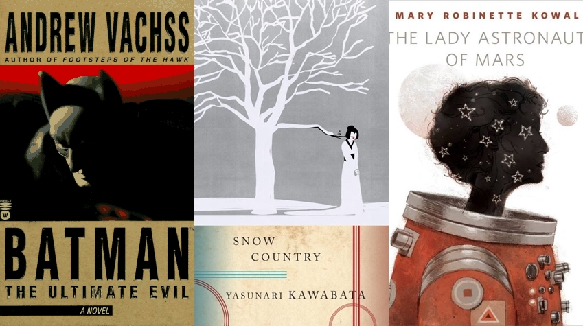 Three book covers. -Batman: The Ultimate Evil, by Andrew Vachss, author of Footsteps of the Hawk. It shows Batman's figured from the chest up, partially shadowed, looking down, with a red background. -Snow Country by Yasunari Kawabata. It shows a drawing of geisha, dressed in white, standing in the snow next to a white three. -The Lady Astronaut of Mars by Mary Robinette Kowal. It shows a drawing of a female, aging astronaut, wearing an orange suit. Her faced is completely shadowed, adorned with drawings of stars, resembling the night sky.