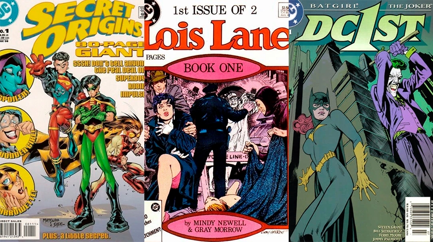 Three comic book covers. -Secret Origins 80-Page Giant. Beneath the title it says "Sssh! Don't tell anyone the real deal with Superboy, Robin, and Impulse", putting those three characters (with Tim Drake as Robin) in the cover. To the side it shows small circles dedicated to the characters of Spoiler, Wonder Girl (Cassie Sandmark) and Arrowette, and at the bottom it says "plus: a little Secret", referring to Greta Hayes. -Lois Lane (1986) by Mindy Newell and Gray Morrow, 1st issue of 2. Inside a square, it shows Lois shocked, seeing the corpse of a child being pulled out of the water. An inspector has his arms on her shoulders, comforting her or holding her back. An uniformed officer is holding back some reporters and photographers. -DC First: Batgirl/Joker. The cover shows Batgirl (then Barbara) cautiously pressed against a wall, and Joker ready on the other side of the corner with a large hammer.