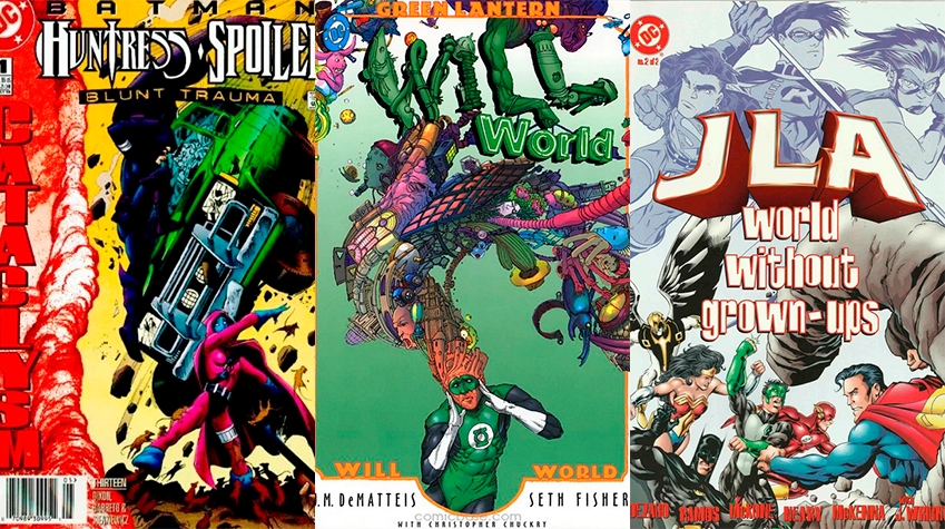 Three comic book covers: -Batman: Huntress/Spoiler - Blunt Trauma. Part of the Cataclysm event. In the cover a car flies in the background, while Helena in costume is jumpint towards it and Steph as Spoiler stands in the front. -Green Lantern: Willworld. Hal Jordan is at the bottom of the image with his unifrom, and a string of images are coming directly from his head, forming buildings and strange creatures. -JLA: World Without Grown-ups. Some members of the Justice League are in the bottom half, in colour (Wonder Woman, Batman, Kyle Rayner, Wally West, Superman...). Kon as Superboy, Tim Drake as Robin, and Bart Allen as Impulse are in the top half, in faded grey colour.