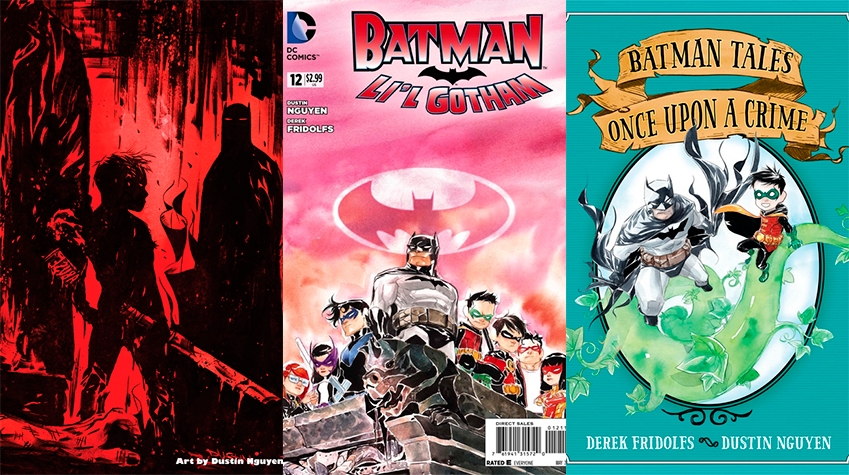 Three comic covers. -A vibrant red and black image drawn by Dustin Nguyen that shows three obscured figures: Batman at the back, on the right, looking ahead with his eyes as red slits; Damian in the middle, with his back turned and his sword pointed down, dripping red; and Colin at the front in the left, enlarged by Venom, with his "abuse" brass knuckles and his trenchcoat, his face completely out of the picture. In front of him there's an arm on the ground, as from someone beaten and struggling. -Batman: Li'l Gotham. The "Batfamily" stands on a rooftop with a gargoyle, with the batsignal on the sky behind them. The image includes Batman in the middle and front, with Oracle, Huntress, and Nightwing at his left, and Damian, Tim, Jason and Katana/Tatsu at his right. -Batman Tales: Once Upon a Crime. The cover shows Batman and Robin (Damian) sitting on top large vines.