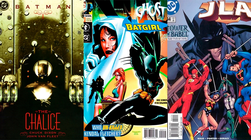 Three comic book covers. -Batman: The Chalice. Batman is at the front, holding a cowl that projects some light above. His figure is mostly obscured, projecting a large shadow in the wall behind it, covered with various small clocks. Behind him there's a strange machine, with lightbulbs encassed in glass on its sides. -Ghost/Batgirl. The front shows Cass in Batgirl costume, in a fighting pose. Behind her it's Barbara sitting on her wheelchair; Behind htem, and large, there's an image of Ghost (Elisa Cameron) dressed in a white hood and holding a gun. In the background behind barbara there are two small, obscured figures of goons holding weapons. -JLA: Tower of Babel. The cover shows Batman with a calculating expression as he moves some of his teammates like marionettes (Wally, Diana, Kyle, and Clark).