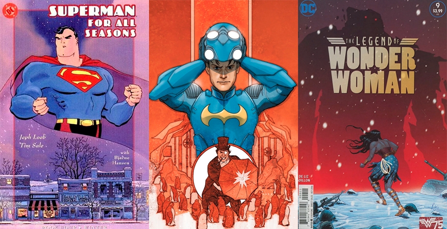 Three comic book covers. -Superman for All Seasons, by Joeb Loeb and Tim Sale. The figure of Superman, frowning, appears over a set of houses and business in Smallville, at night during the winter. -Illustrated cover of World's Finest volume 4 issue 1, without any letters. It shows Chris Kent as Nightwing, about to put on his blue helmet, with his figure looming over an orange-ish illustration of The Penguin, Oswald Cobbelpot, grinning and holding an umbrella, as he's surrounded by multiple penguins (the animal). -The Legend of Wonder Woman. Diana, with her Wonder Woman clothes and giving her back to the audience, stands in the snow, facing a looming, giant, shadowed figure of a Titan.