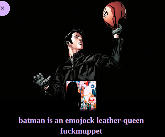 Screenshot of a tumblr bio. It reads "batman is an emojock leather-queen fuckmuppet." It includes the icon (Priya Tsetsang from Dollhouse, season 2 episode 4, "Belonging". She's giving her back to the audience, encased in shadows, while she looks at a painting she made (of non-realistic birds, full of colours and shapes) that Nolan Kinnard hung in his wall) and the header (Screenshot from "Red Hood: The Lost Days", issue 6. Over an edited all-black background, Jason holds the Red Hood red helmet in his hand, in a pose resembling holding Yorick's skull in Hamlet).