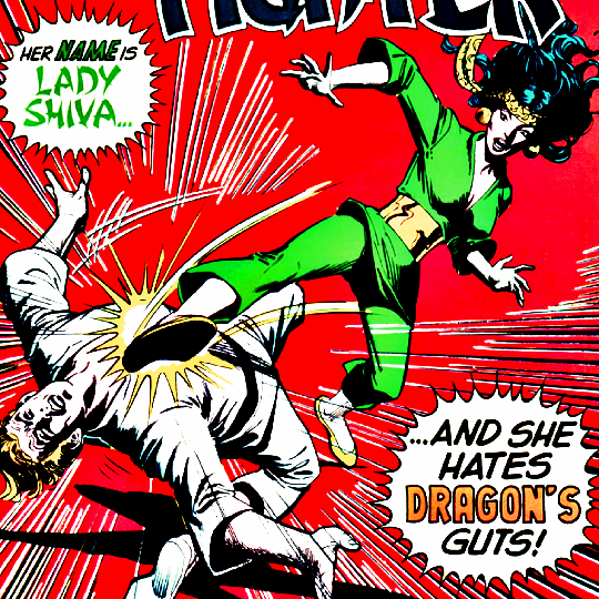 Screenshot from the cover of Richard Dragon: Kung-Fu Fighter issue 5. Over a red background, Shiva jumps kicks Richard Dragon's chest. She's wearing a green set of loose long sleeved shirt and pants, with a deep cleavage and a golden belt, as well as a golden bandana in her hair and large circular golden earrings. Richard wears a dogi. The cover announces "Her name is Lady Shiva... and she hates Dragon's guts!"