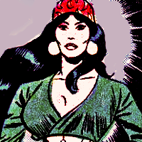 Screenshot from Richard Dragon: Kung-Fu Fighter issue 5. Shiva stands proudly, seen from the chest up. She has her long black hair down, with a red bandana on top, and two large circular earrings, and she wears a long sleeved green shirt put together with a large belt.
