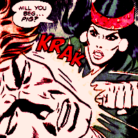 Screenshot from Richard Dragon: Kung-Fu Fighter issue 5. Lady Shiva has a fierce expression as she punches Richard Dragon in the face (with an effect saying "KRAK"), and tells him "Will you beg... pig?"