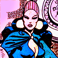 Screenshot from Richard Dragon: Kung-Fu Fighter issue 18.Lady Shiva looking down, judgemental. She wears similar clothes, but the bandana is striped, the earrings are larger, and she wears a blue shirt and cape showing a deep cleavage.